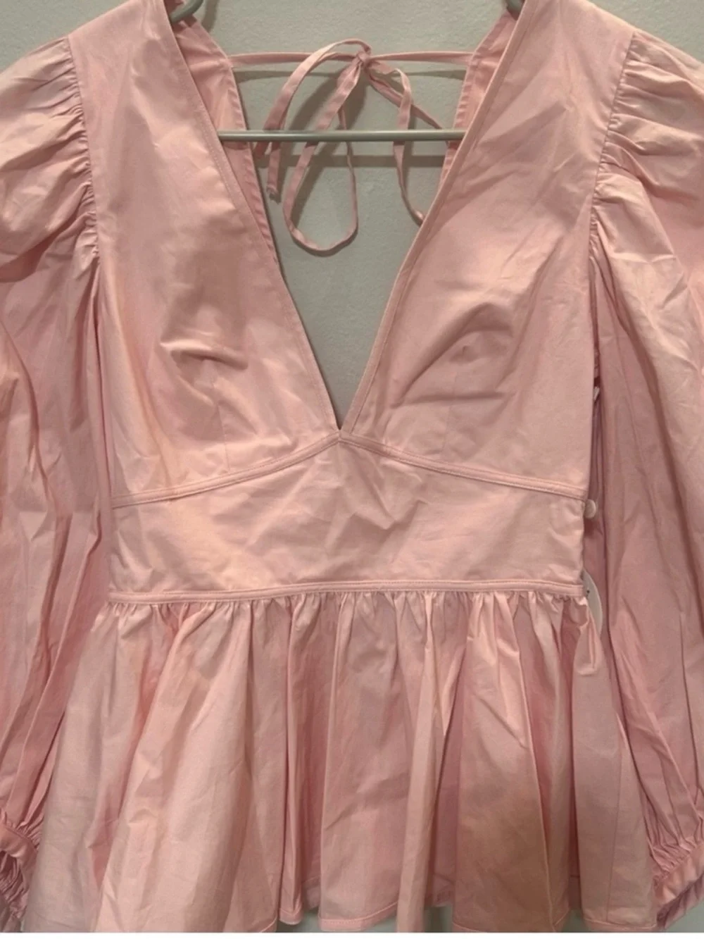 STAUD Pink Luna V-Neck Puff Sleeve Peplum Top